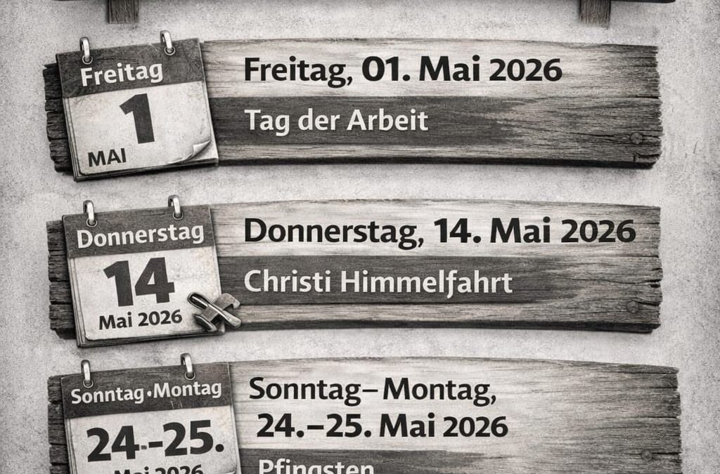 Öffnungszeiten rund um den 1. Mai, Himmelfahrt und Pfingsten